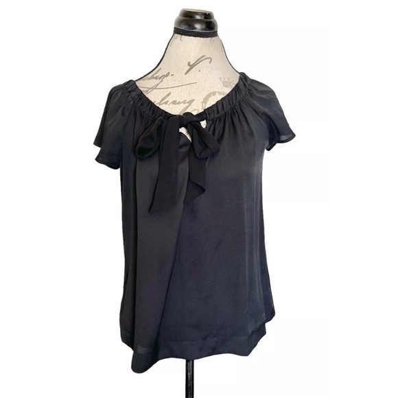 Loft Womens Blouse Size XS Black Split Neck Tied Short Sleeve Pleated Pullover - Picture 7 of 12